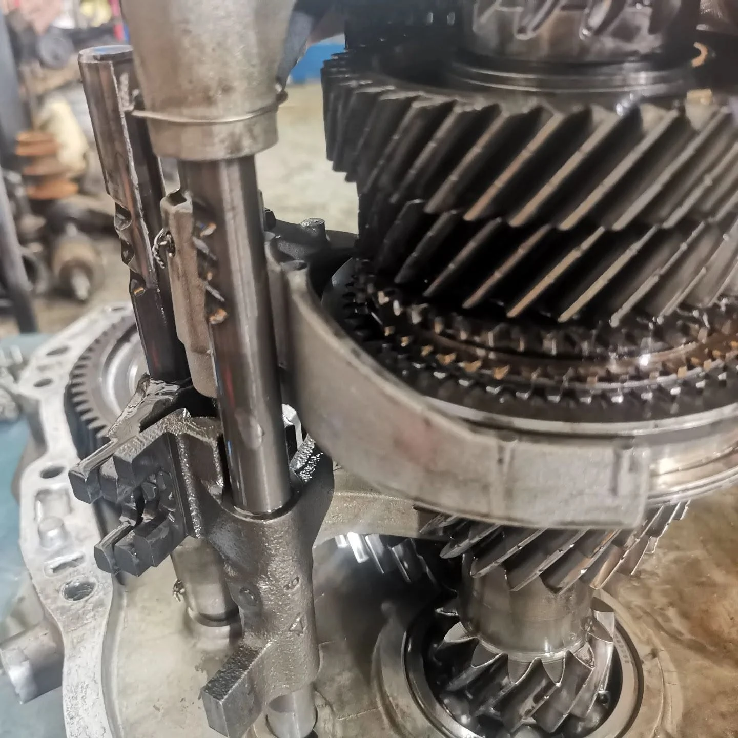 Manual gearbox stripped down exposing helical gears and selector forks during a transmission rebuild in Cairns