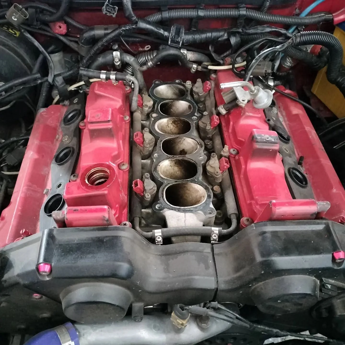 Red valve covers and exposed intake ports on a six-cylinder engine during mechanical repairs at S & A Automotive Cairns