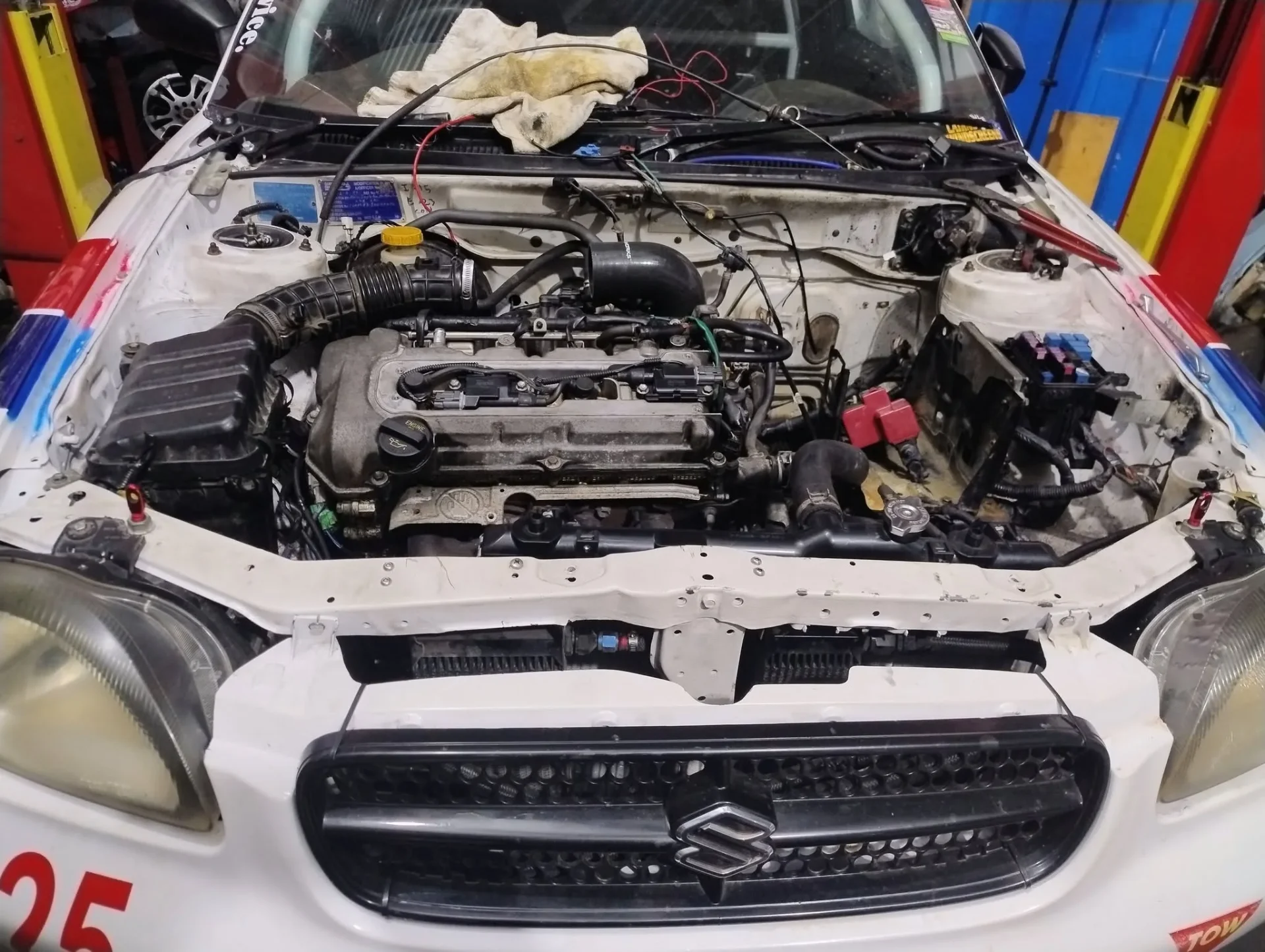 Race car engine bay rebuild in progress at S & A Automotive Cairns workshop